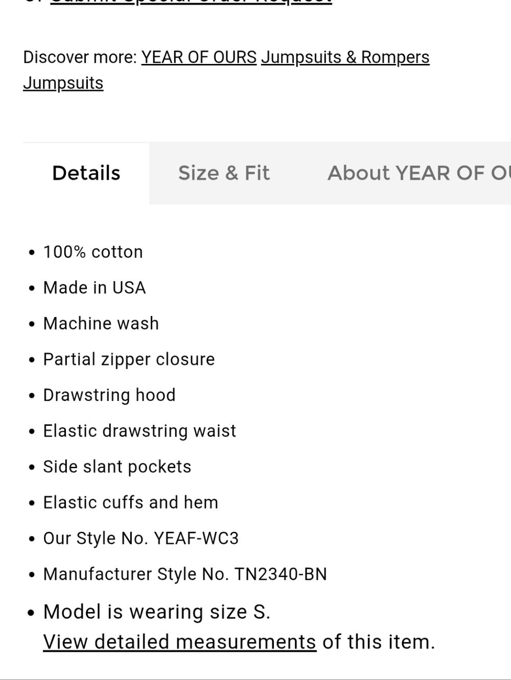 Year of Ours Sweatshirt Onesie Jumpsuit Sz S Bone 100% Cotton - Picture 6 of 16